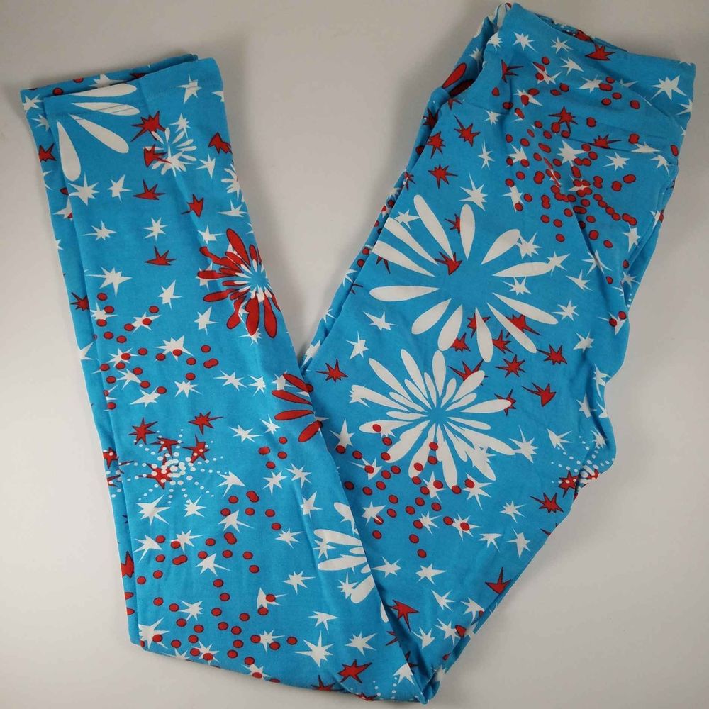 Womens Blue Red White Fireworks Lularoe Leggings One Size Celebration Birthday